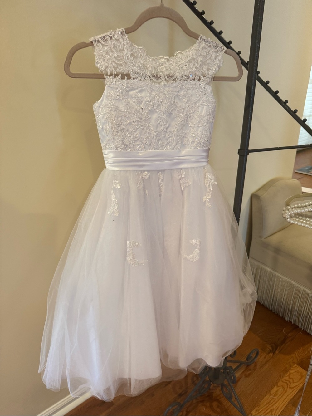 Joan Calabrese White Lace & Tulle Flower Girl Dress
